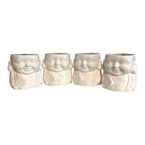 BUDDA "HAPPY FACE" by SHAFFORD COFFEE MUGS MARKED set of 4 PORCELAIN 4" ORIENTAL